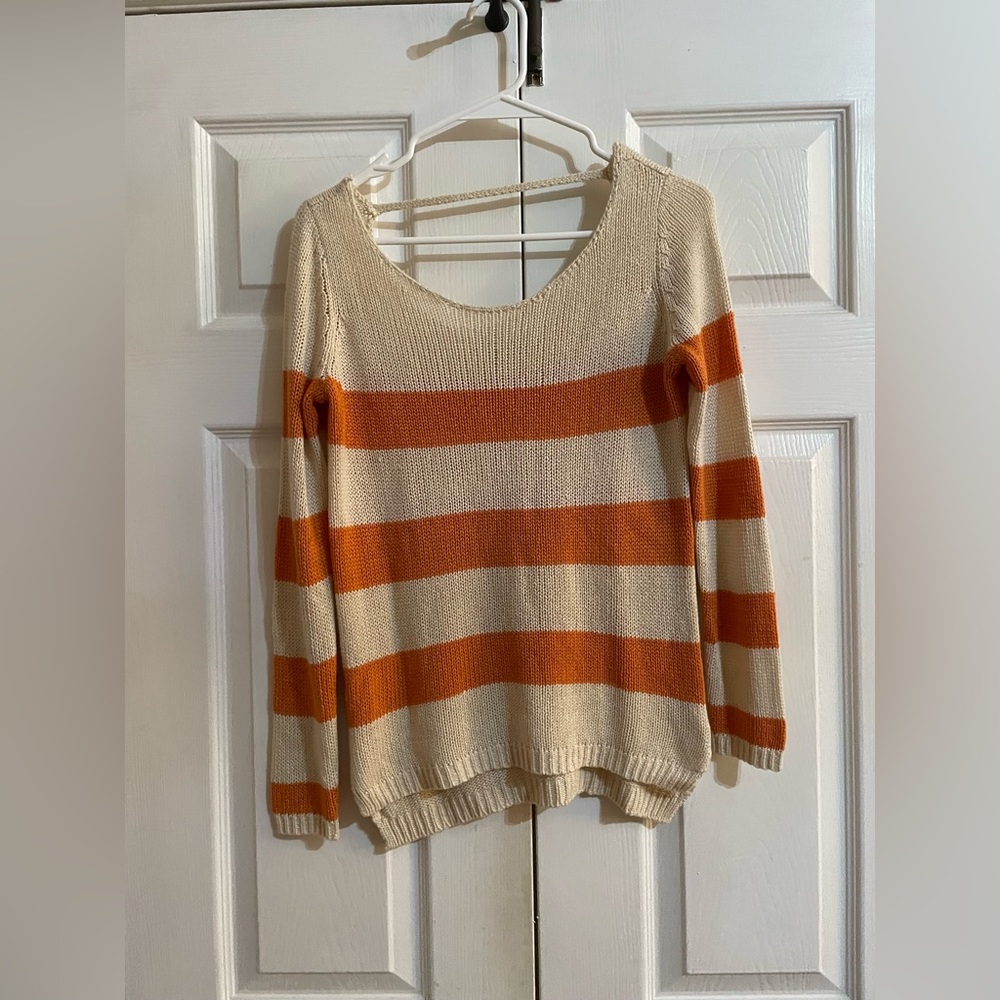 White and Orange Striped Knit Sweater